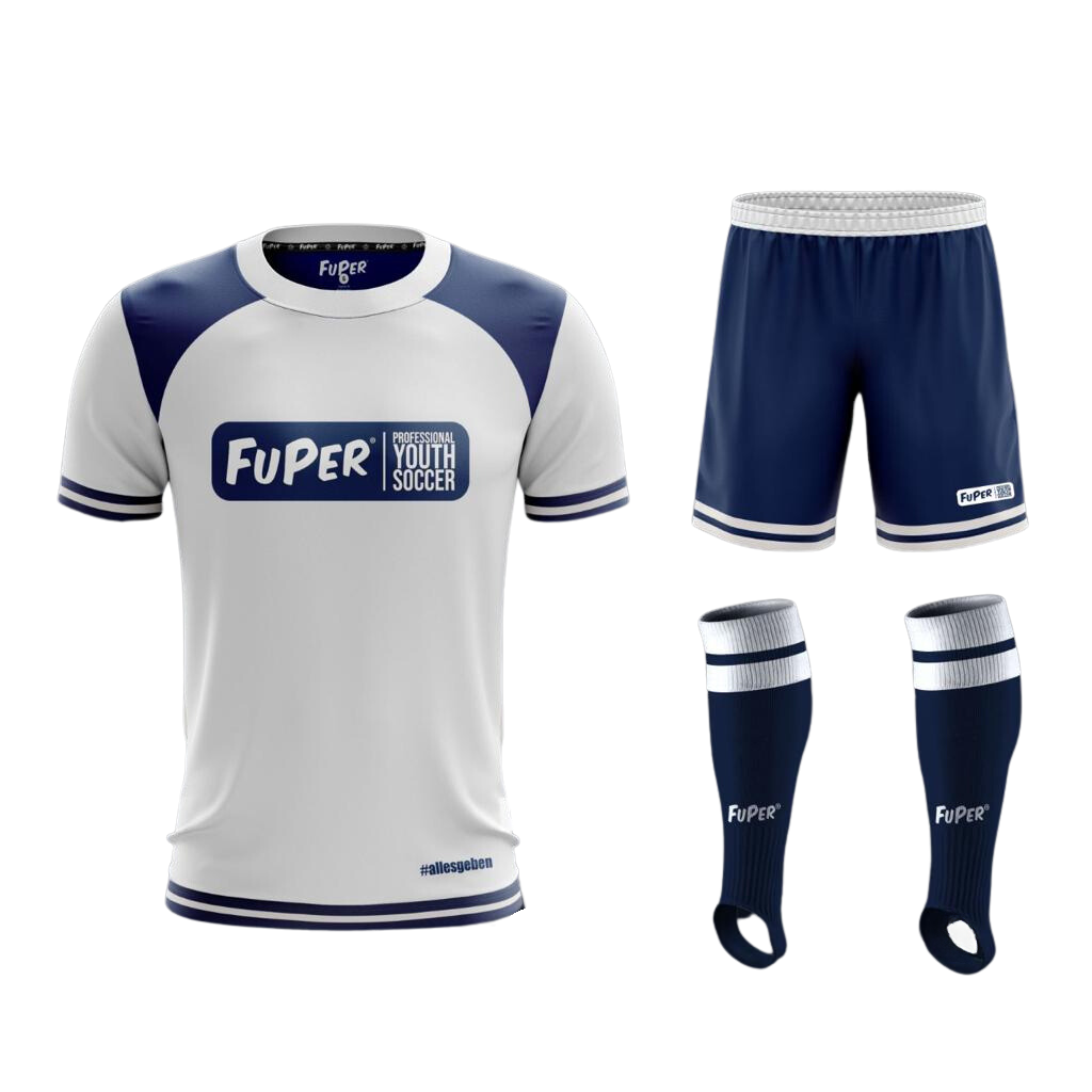 FuPer Trikoset 3 in 1 (Trikot, Hose, Stutzen) unisex (Kinder, Frauen und Herren) - weiß / blau